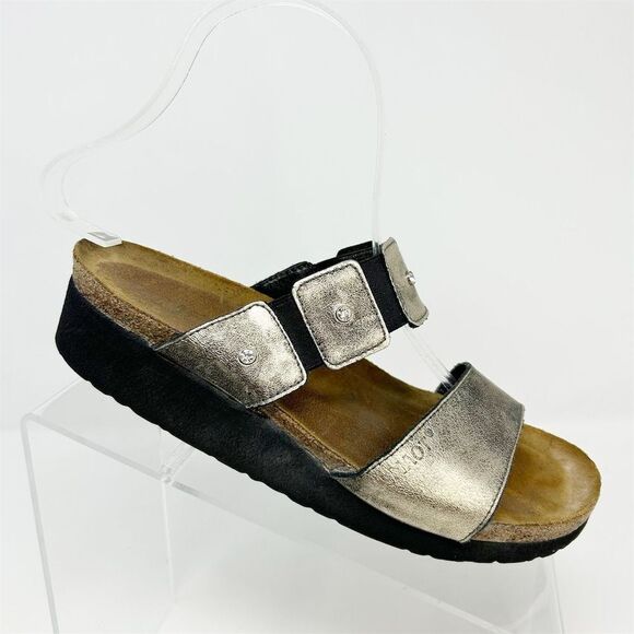 Naot Ashley Gold Slide Sandals Size 6 Rhinestone Detail Double Stretchy Straps - Picture 1 of 10